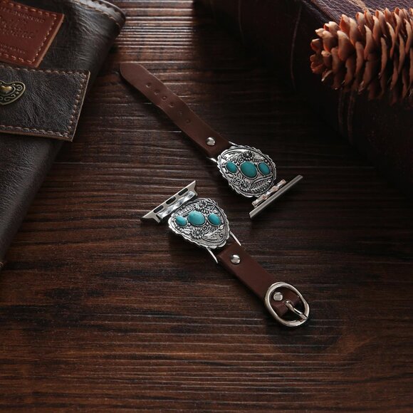 Leather Apple Watch Strap for Women 38-49mm Western Turquoise Retro Style - Picture 3 of 6